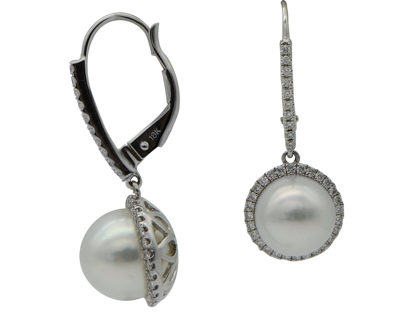 South Sea Pearl Diamond Halo Drop Earrings