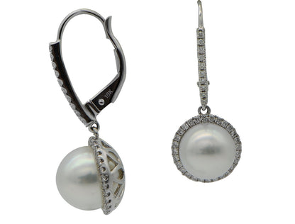 South Sea Pearl Diamond Halo Drop Earrings