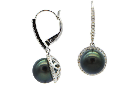 Black Tahitian Pearl Drop With Diamond Halo Earrings