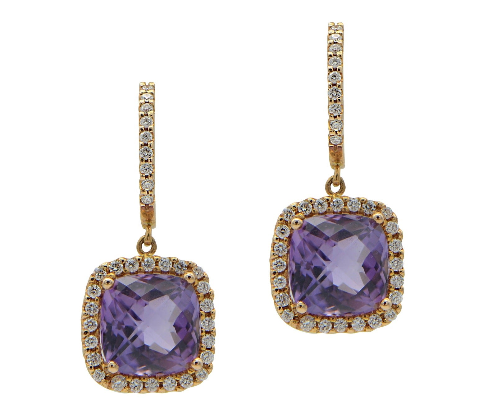 "EARR00548" Amethyst with Diamond Halo in Rose Gold Drop Earrings