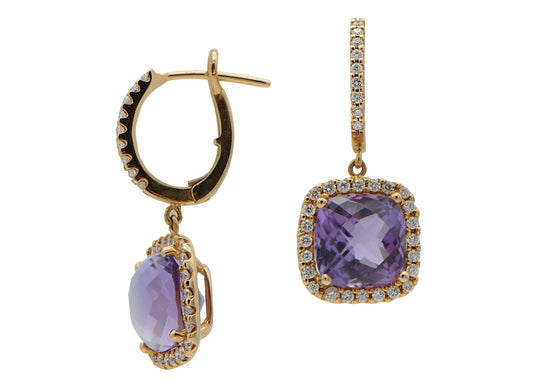 "EARR00548" Amethyst with Diamond Halo in Rose Gold Drop Earrings