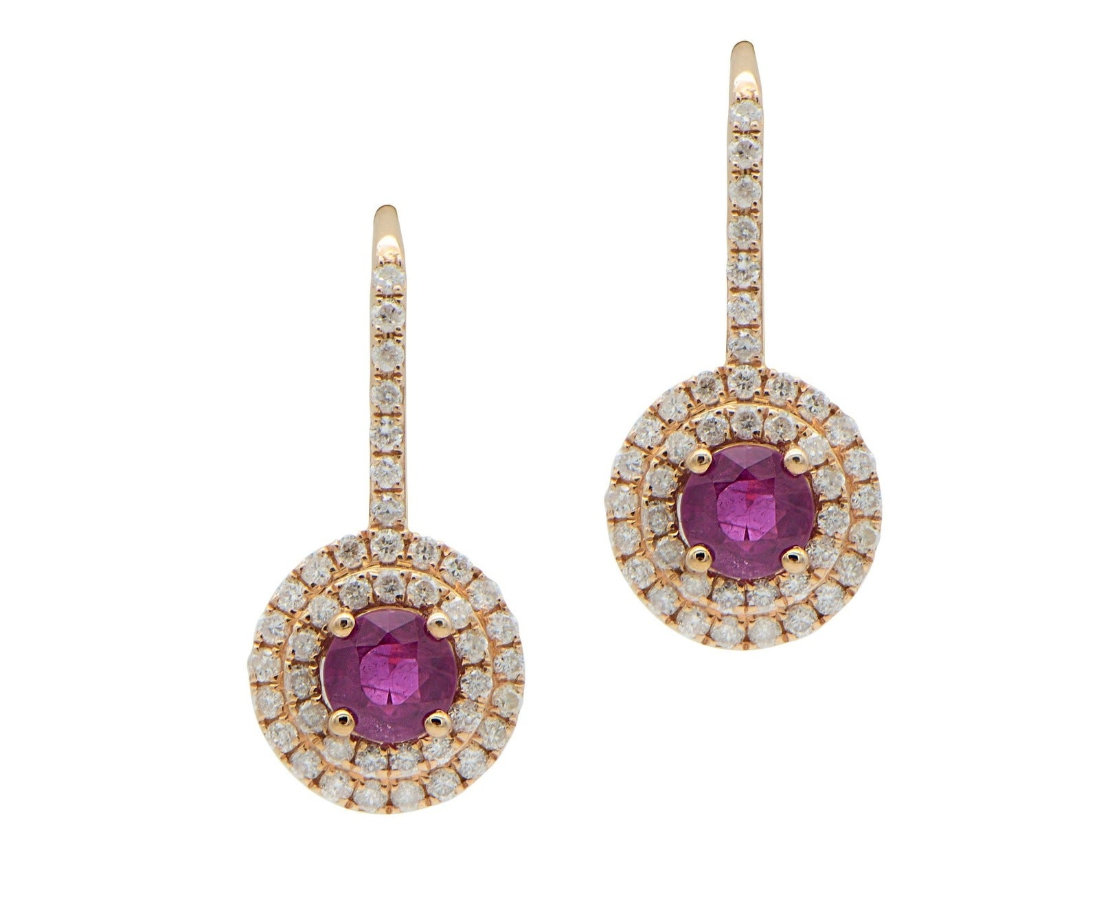 Double Halo Ruby Drop Earrings in Rose Gold