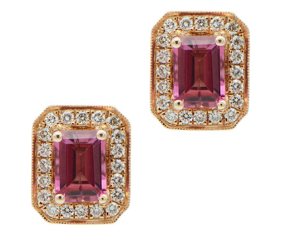 Pink Tourmaline with Diamond Halo in Rose Gold Studs