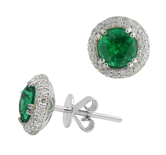 "EARR01057" Round Green Emerald with 3D Pave Halo