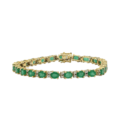 "BRAC01355" Oval Emerald and Round Diamond Yellow Gold Tennis Bracelet