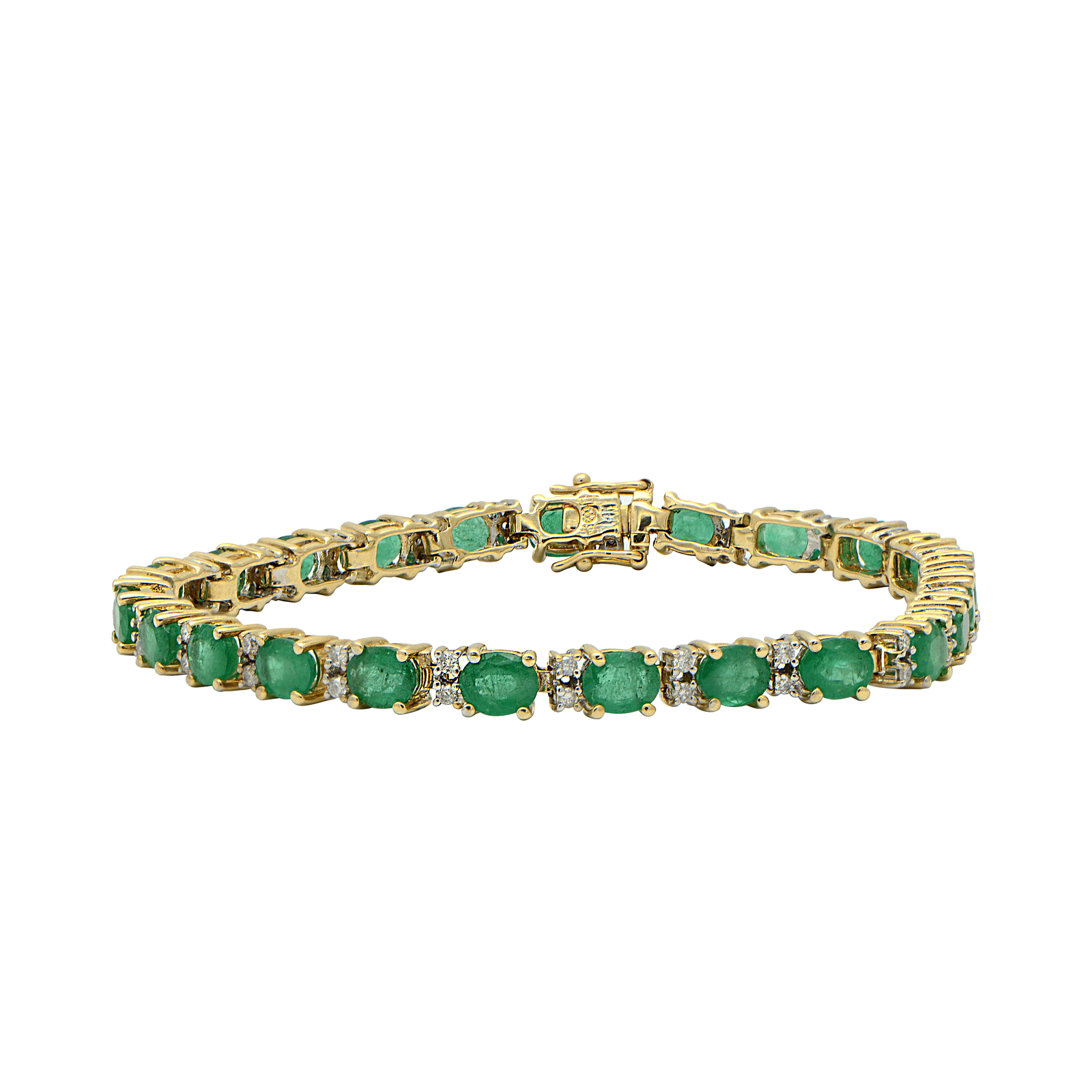 "BRAC01355" Oval Emerald and Round Diamond Yellow Gold Tennis Bracelet