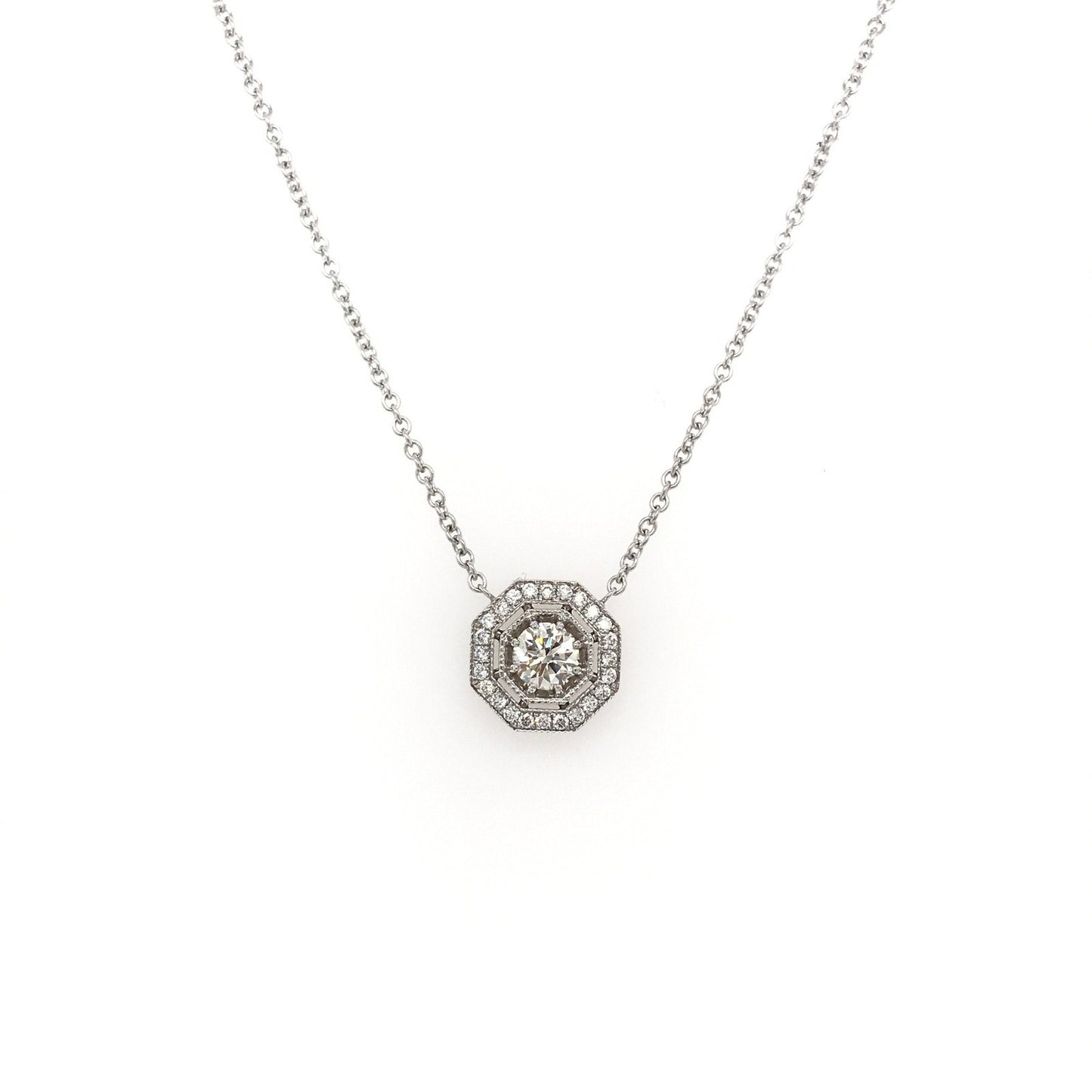"PEND01771" Vintage Style Octagon Halo Round Diamond Pendant
