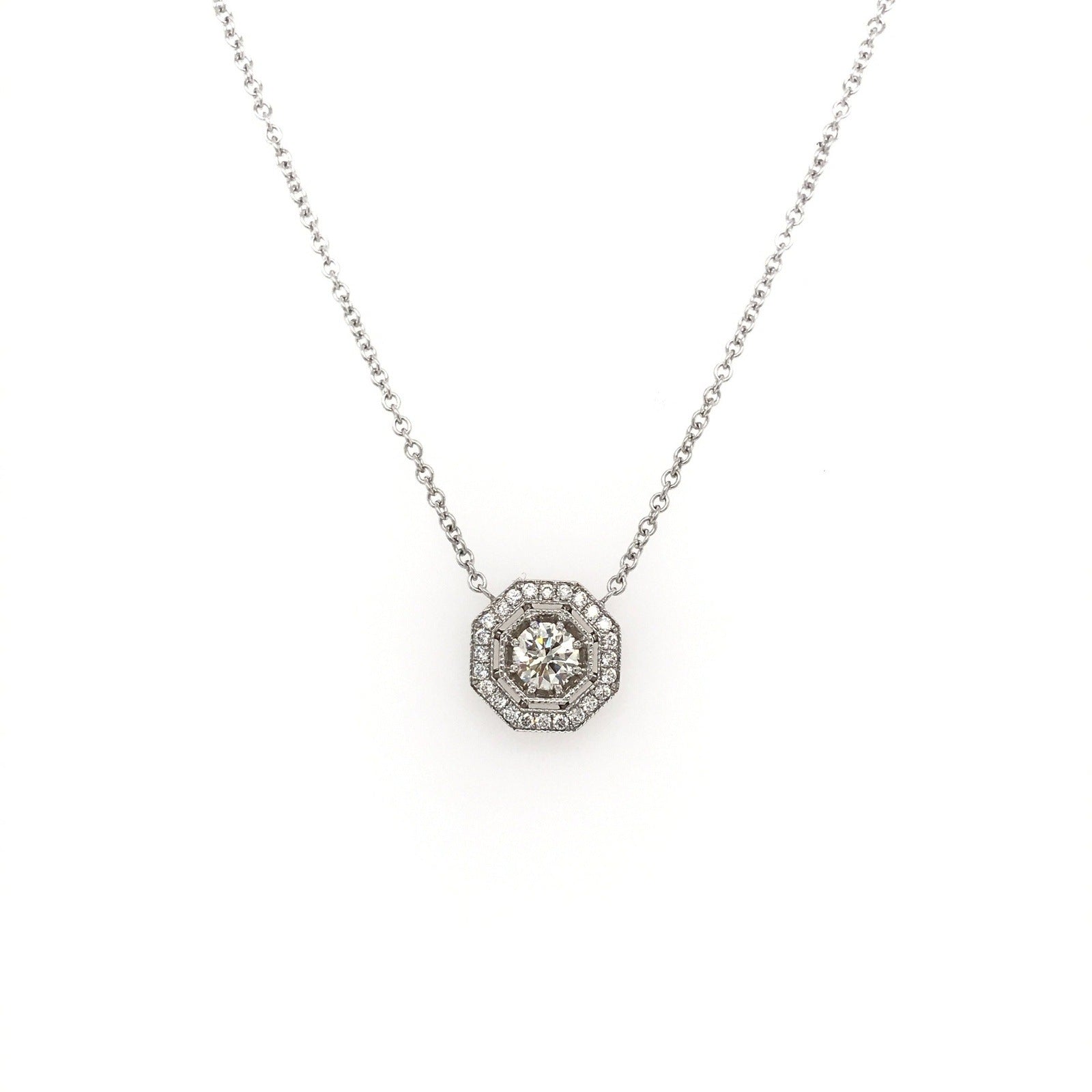 "PEND01771" Vintage Style Octagon Halo Round Diamond Pendant