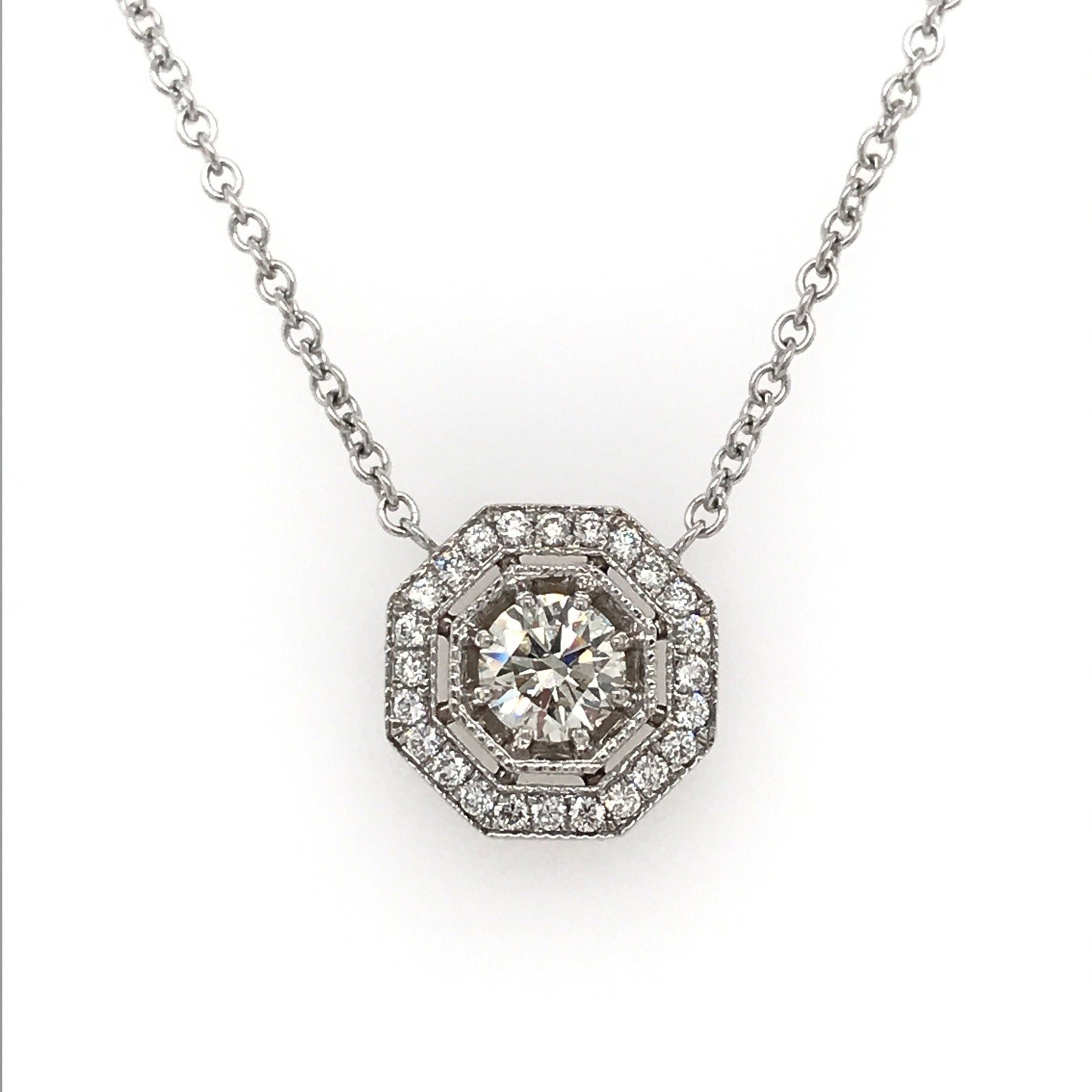 "PEND01771" Vintage Style Octagon Halo Round Diamond Pendant