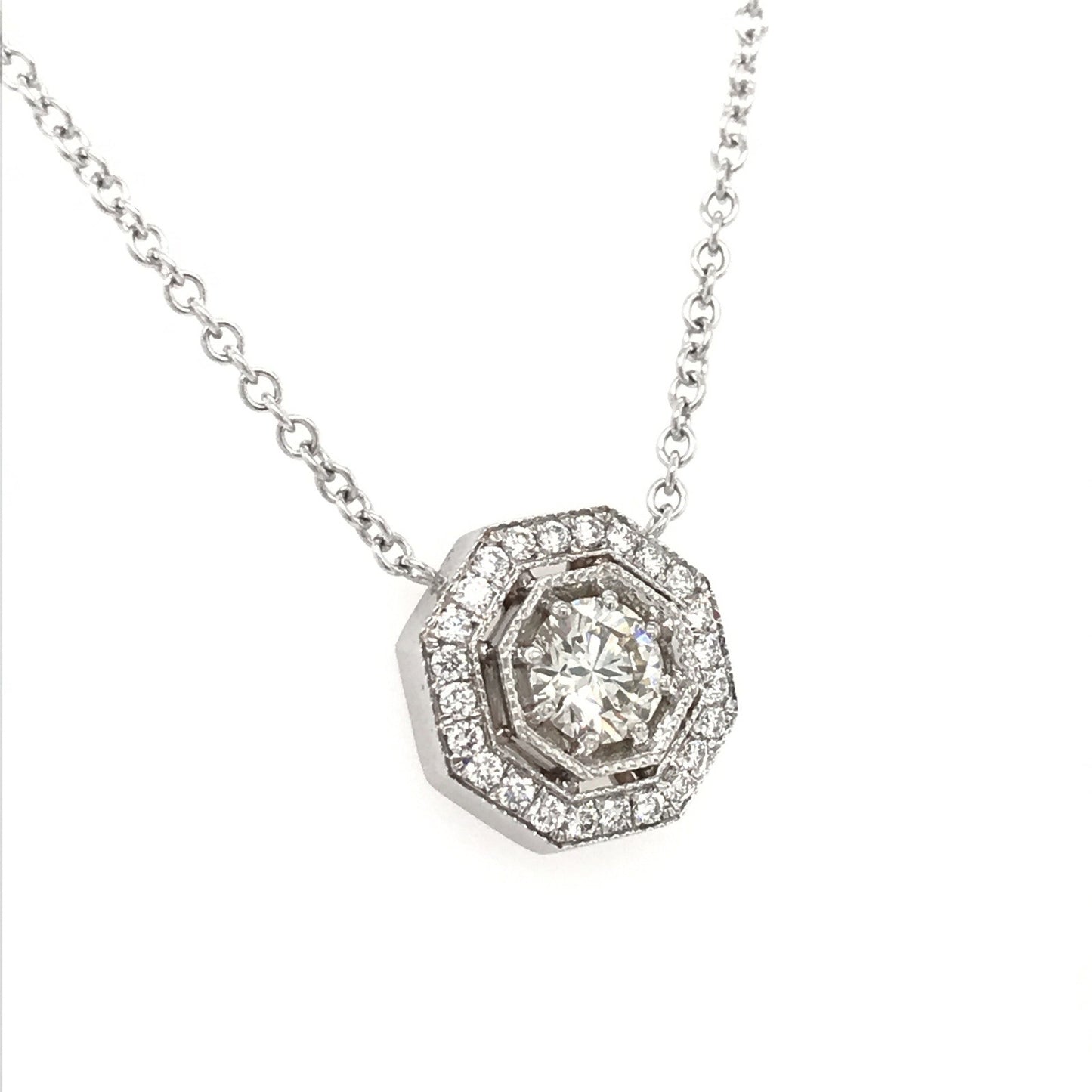 "PEND01771" Vintage Style Octagon Halo Round Diamond Pendant