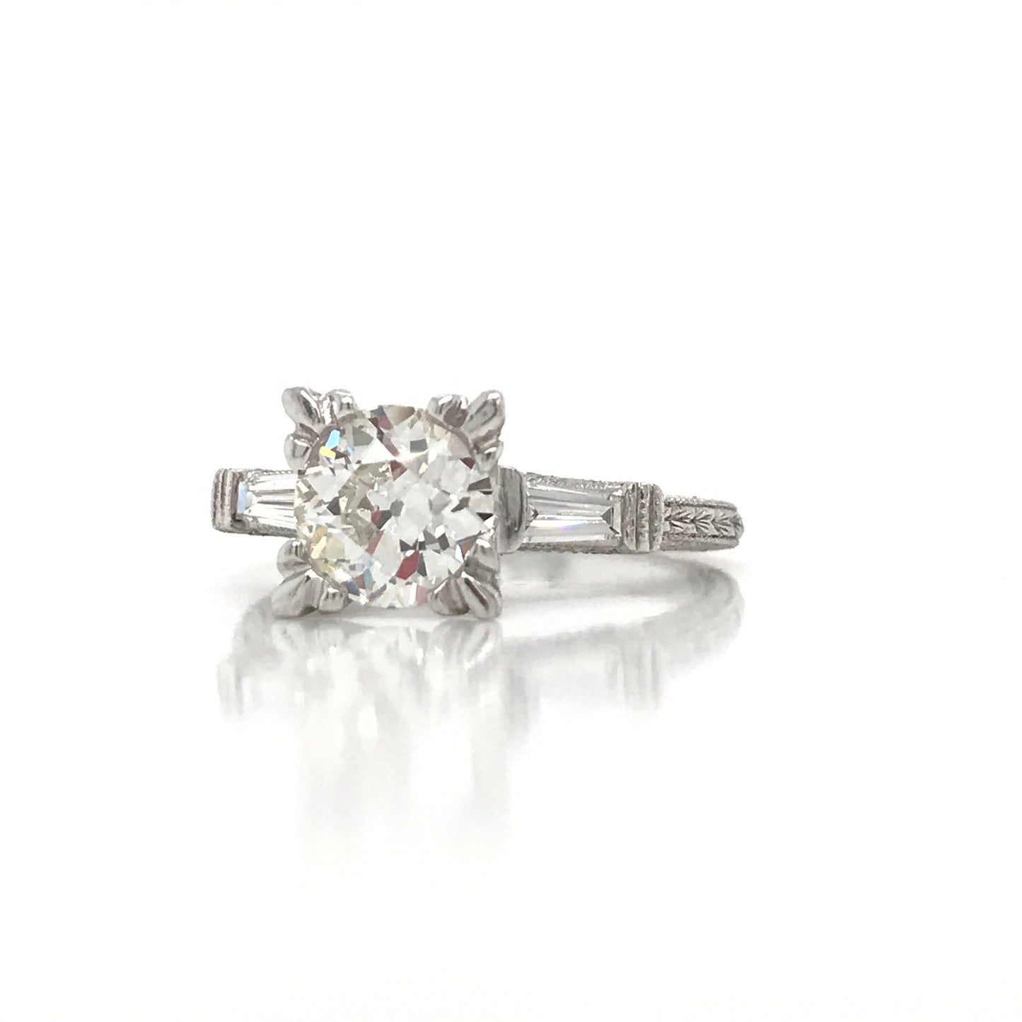 "ENGR01660" Ornate Antique Style Round Diamond Engagement Ring with Side Stones and Milgrain