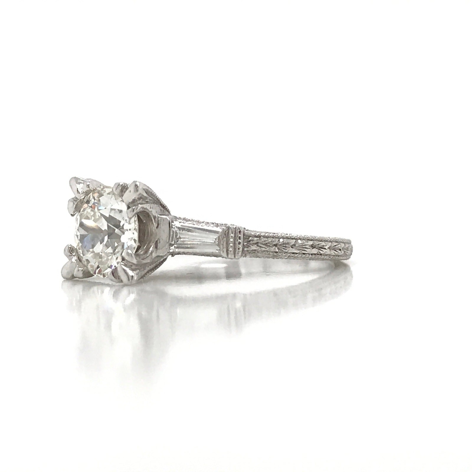 "ENGR01660" Ornate Antique Style Round Diamond Engagement Ring with Side Stones and Milgrain