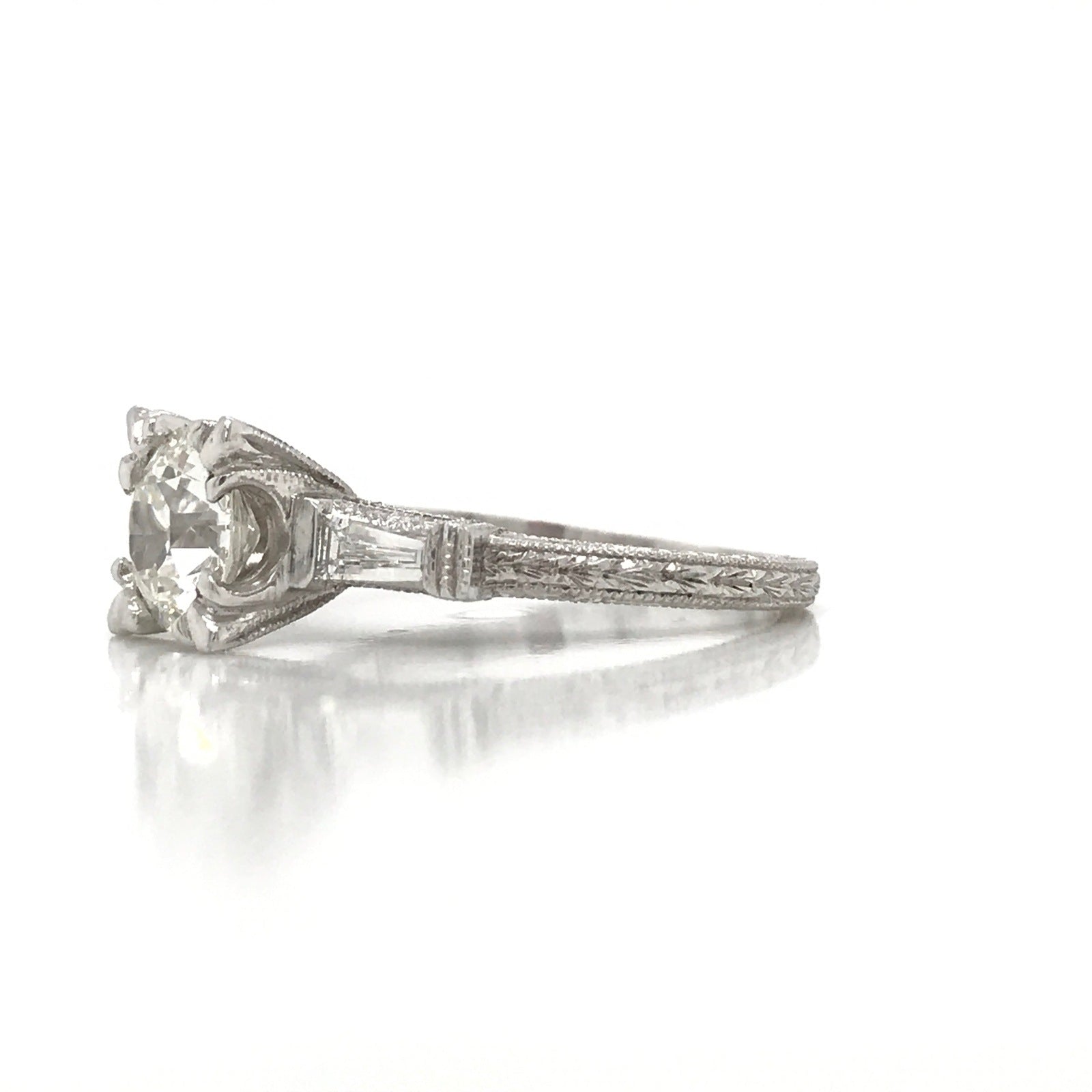 "ENGR01660" Ornate Antique Style Round Diamond Engagement Ring with Side Stones and Milgrain
