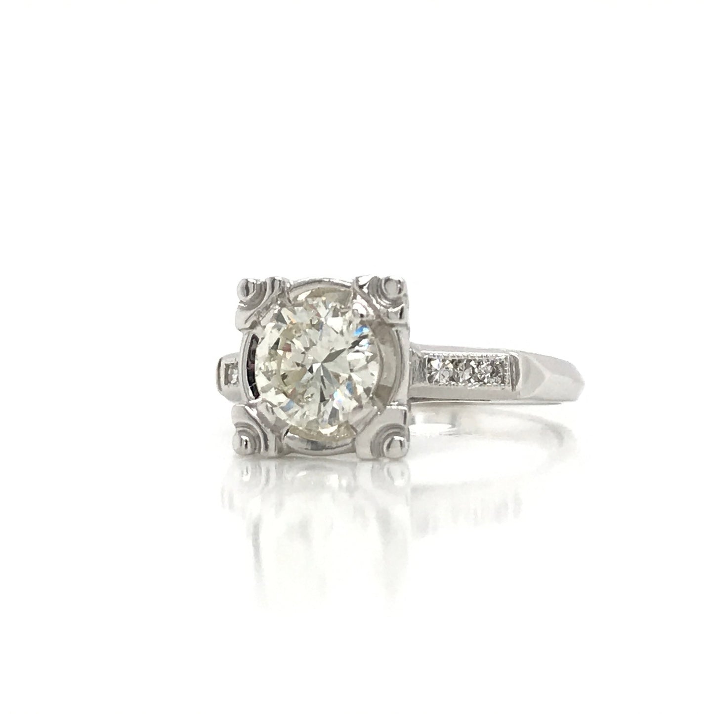 "ENGR02307" Antique Inspired Round Diamond Engagement Ring in 14K White Gold Square Setting