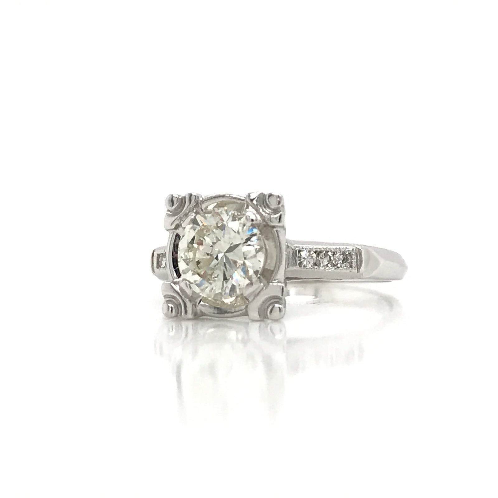 "ENGR02307" Antique Inspired Round Diamond Engagement Ring in 14K White Gold Square Setting