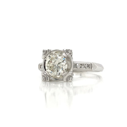 "ENGR02307" Antique Inspired Round Diamond Engagement Ring in 14K White Gold Square Setting