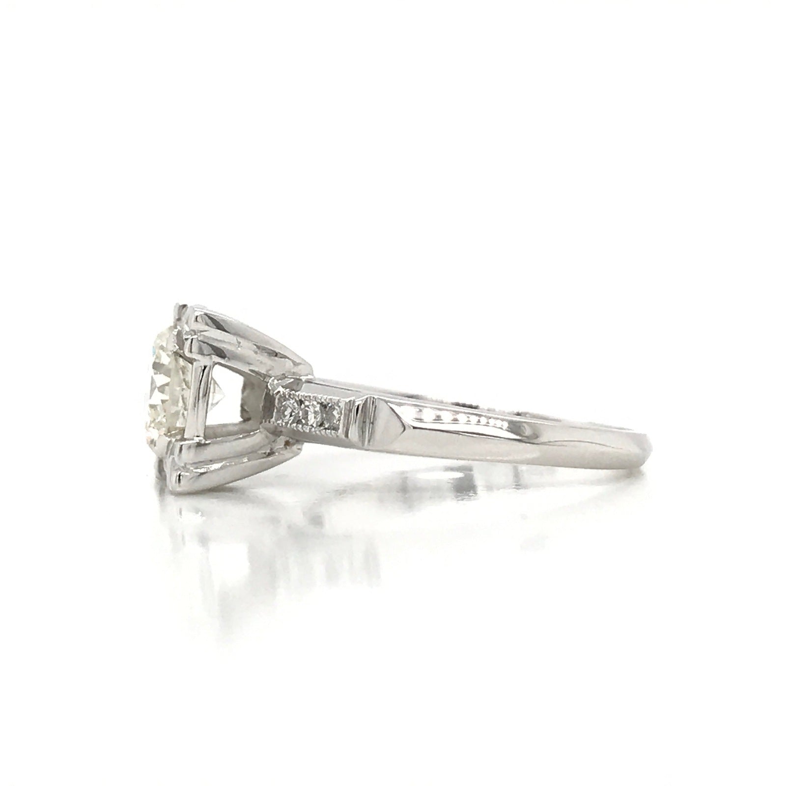 "ENGR02307" Antique Inspired Round Diamond Engagement Ring in 14K White Gold Square Setting