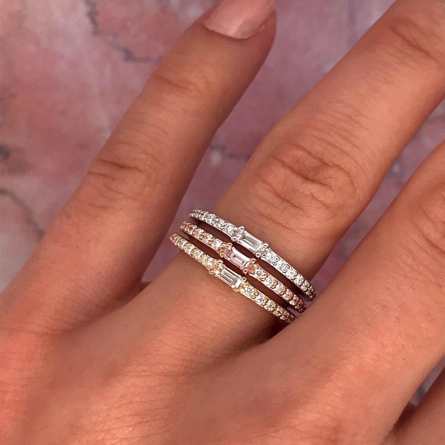 Petite Diamond Baguette and Pave Band - 14K Yellow Gold, White Gold, or Rose Gold