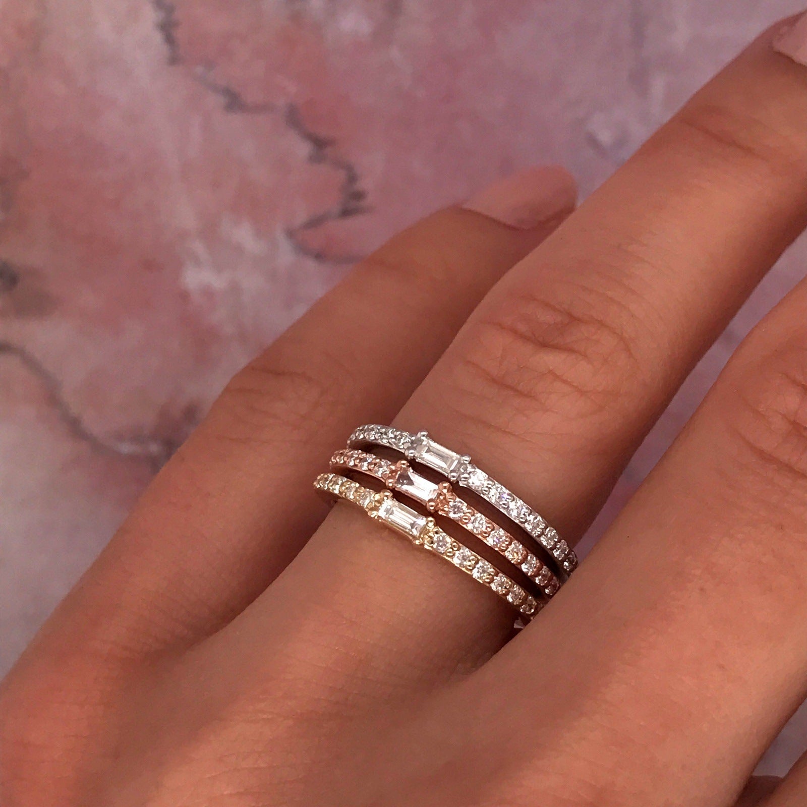 Petite Diamond Baguette and Pave Band - 14K Yellow Gold, White Gold, or Rose Gold