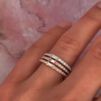 Petite Diamond Baguette and Pave Band - 14K Yellow Gold, White Gold, or Rose Gold
