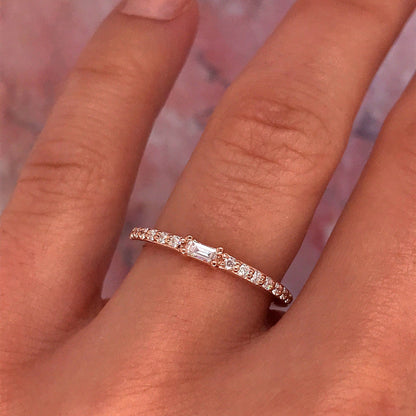 Petite Diamond Baguette and Pave Band - 14K Yellow Gold, White Gold, or Rose Gold