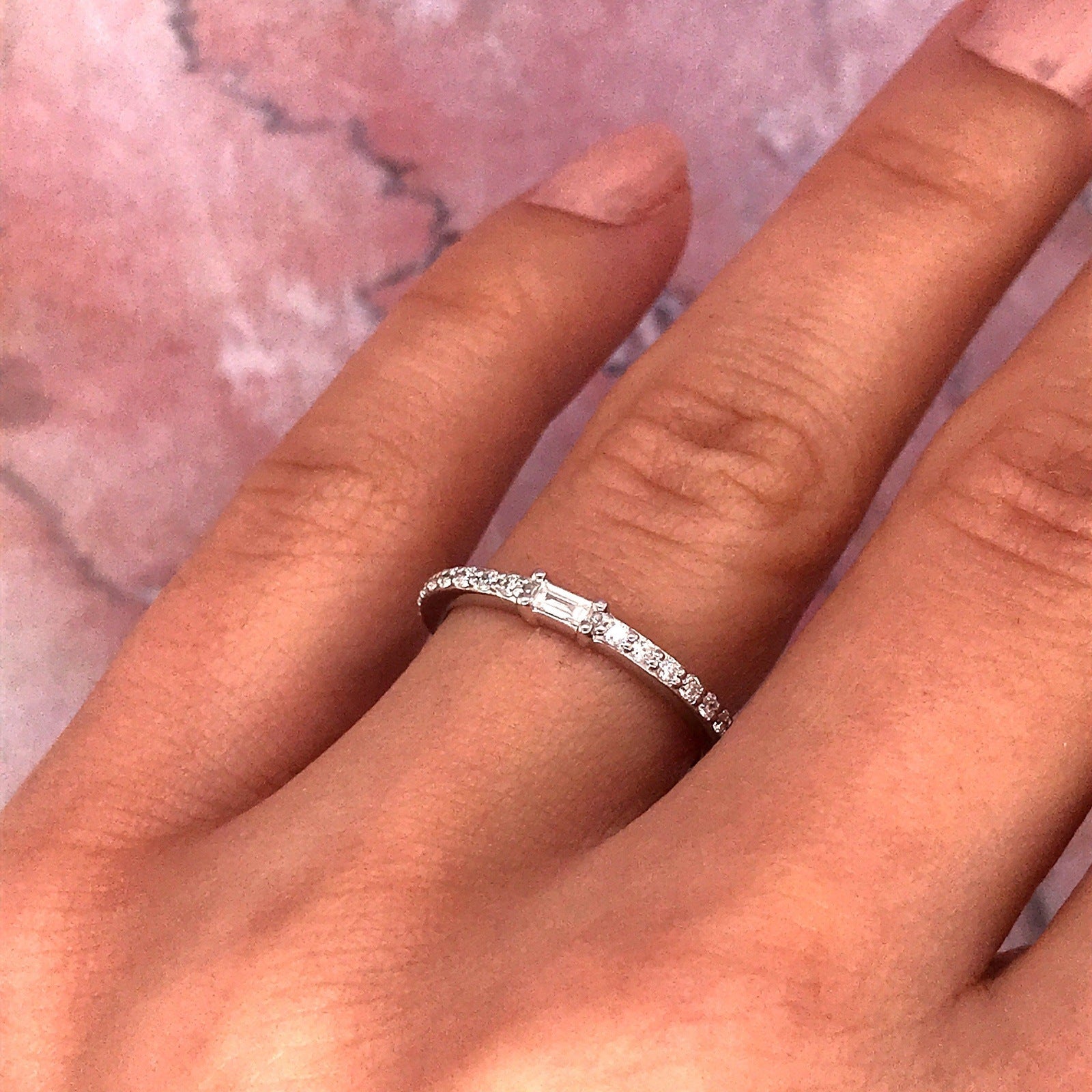 Petite Diamond Baguette and Pave Band - 14K Yellow Gold, White Gold, or Rose Gold