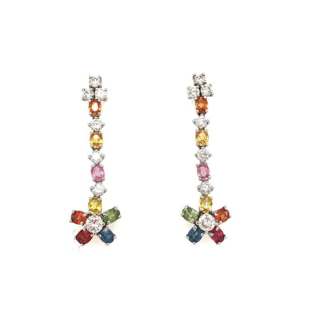 EARR01568 Rainbow Sapphire Flower Drop Earrings in 14K White Gold