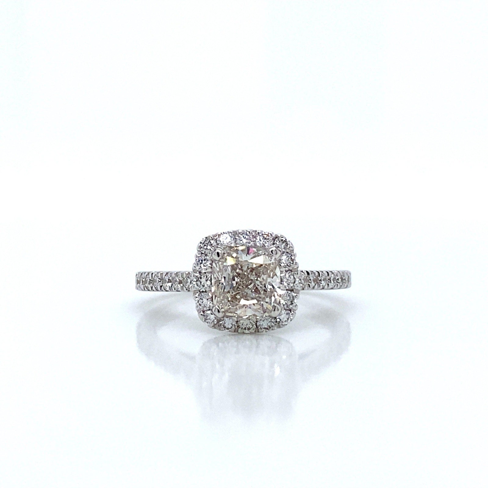 "ENGR03379" 1.51 Carat GIA Cushion Shaped Diamond Halo Style Engagement Ring in White Gold