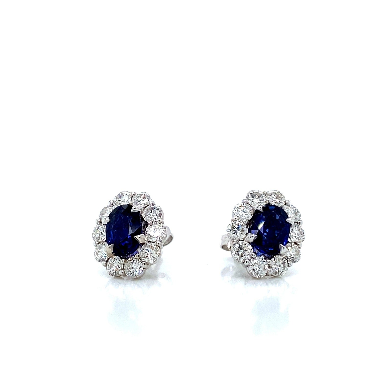 "EARR01574" Oval Shaped Natural Blue Sapphire with Diamond Halo Stud Earrings