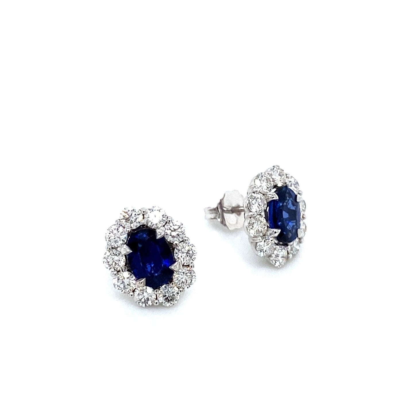 "EARR01574" Oval Shaped Natural Blue Sapphire with Diamond Halo Stud Earrings