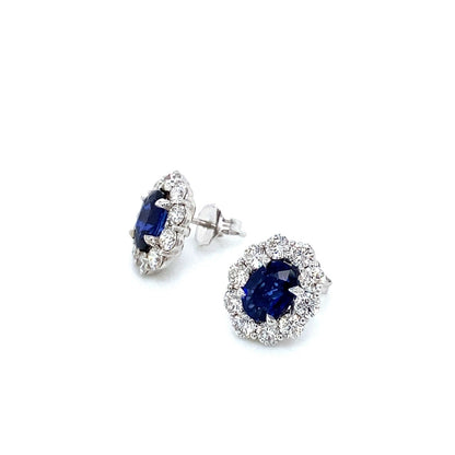 "EARR01574" Oval Shaped Natural Blue Sapphire with Diamond Halo Stud Earrings