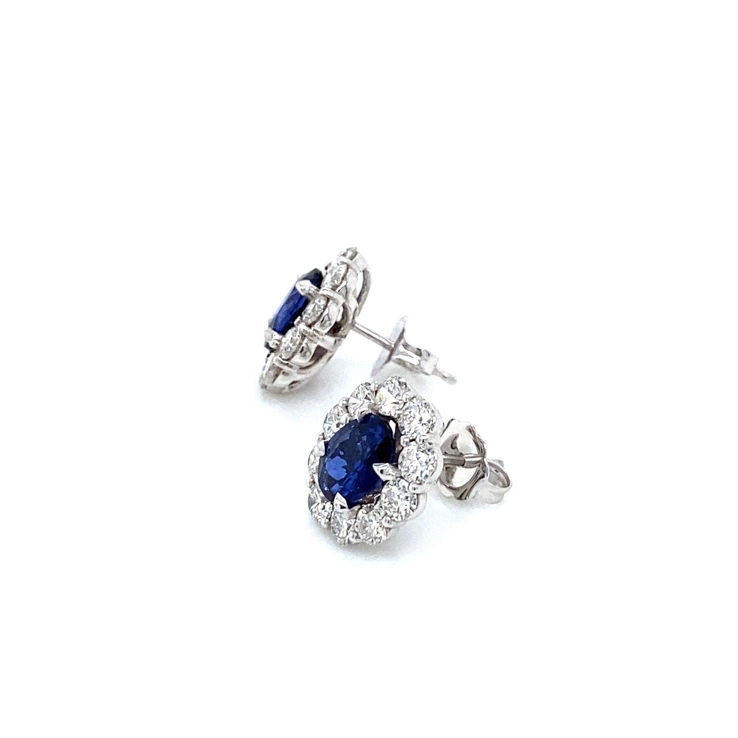 "EARR01574" Oval Shaped Natural Blue Sapphire with Diamond Halo Stud Earrings