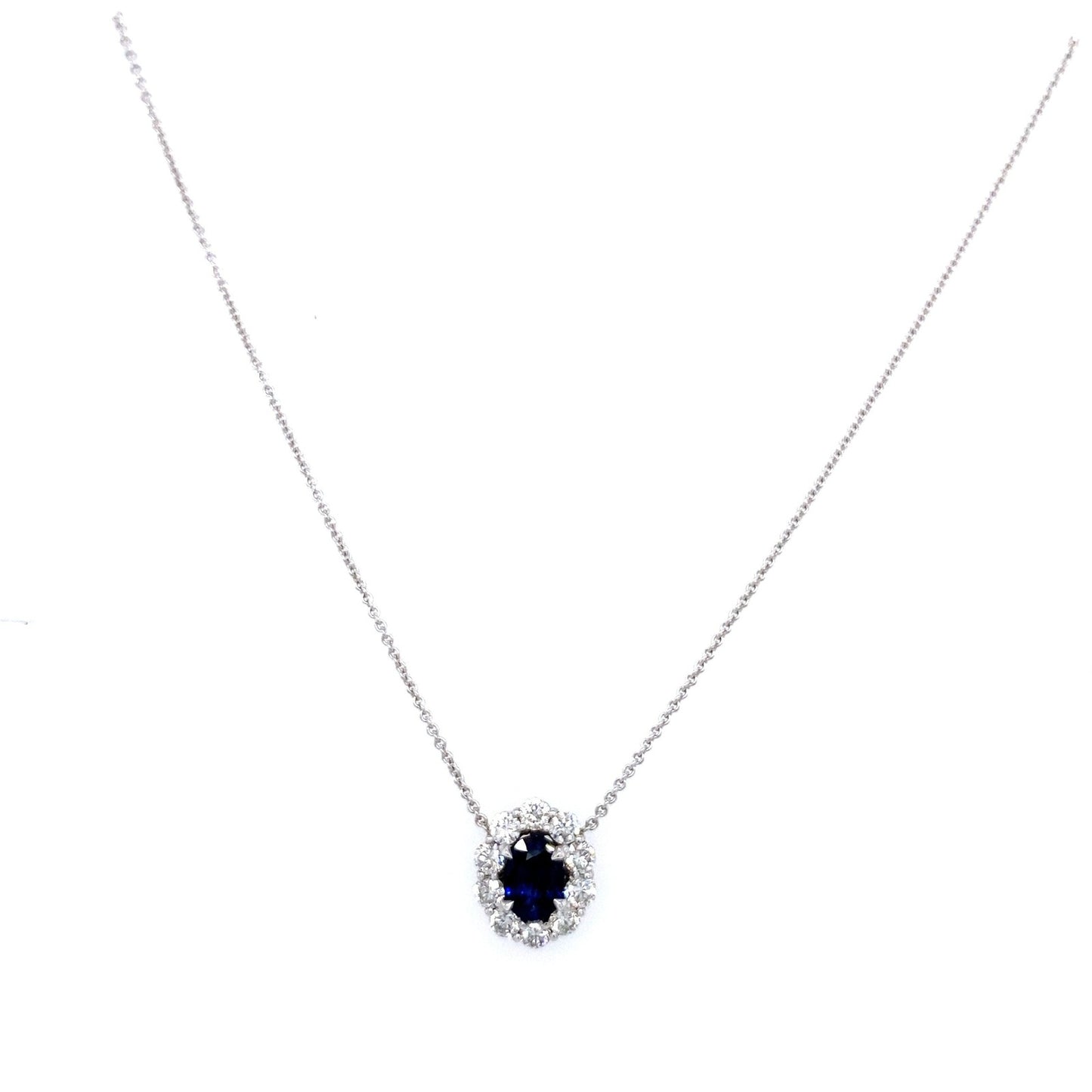 "PEND01794" Oval Shaped Sapphire and Diamond Halo Pendant in 18K White Gold