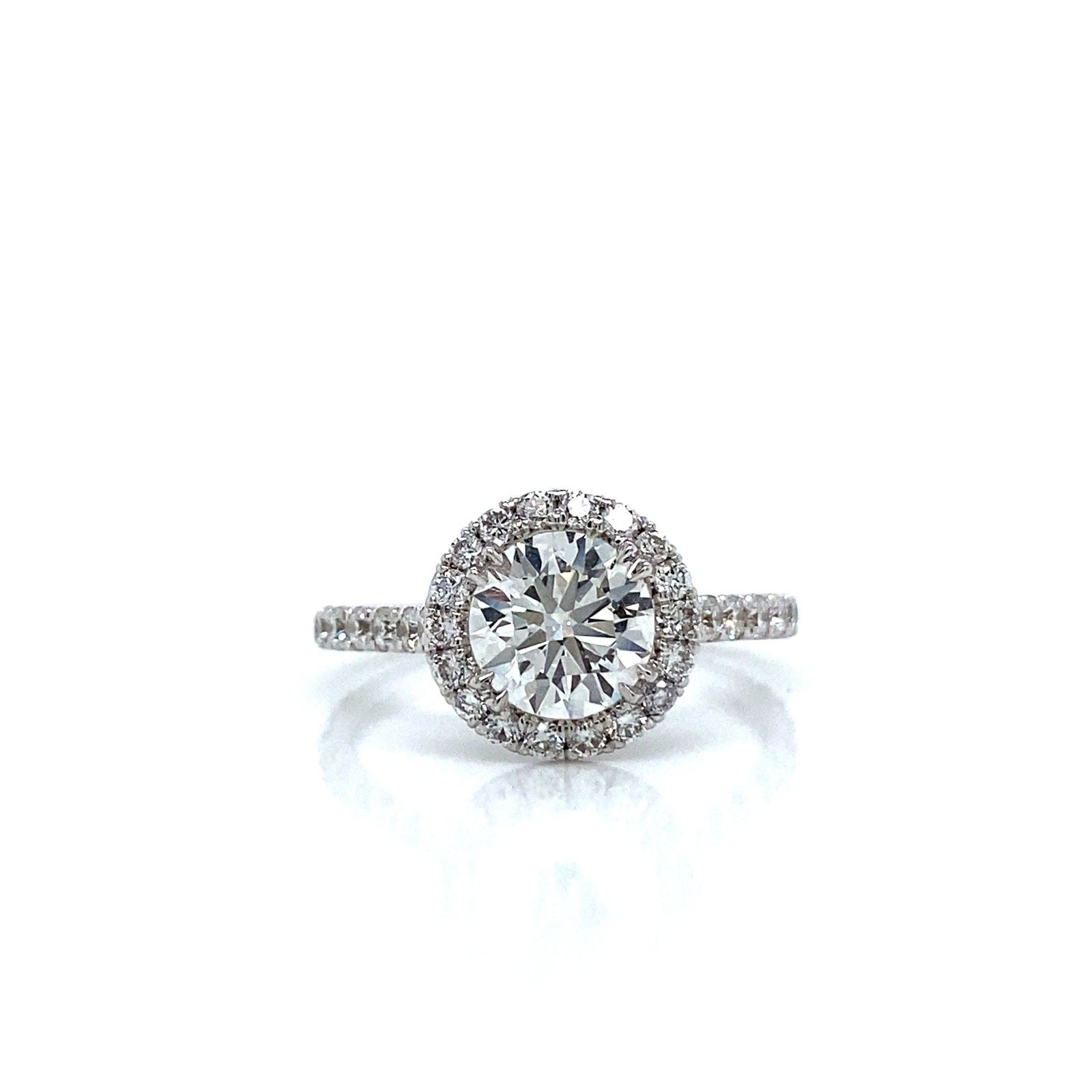 "ENGR02907" 1.21 Carat Round Diamond with Petite Halo and Micropave in 18K White Gold