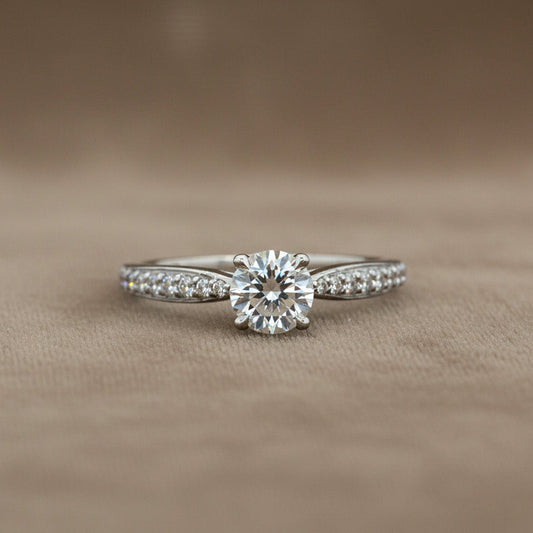 "ENGR03356" 0.90 Carat Round Brilliant Diamond Classic Cathedral Style Engagement Ring in 18K White Gold
