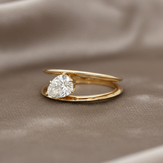 "DBAND01984" Unique Split Shank Engagement Ring With Pear Shaped Diamond in 14K Gold