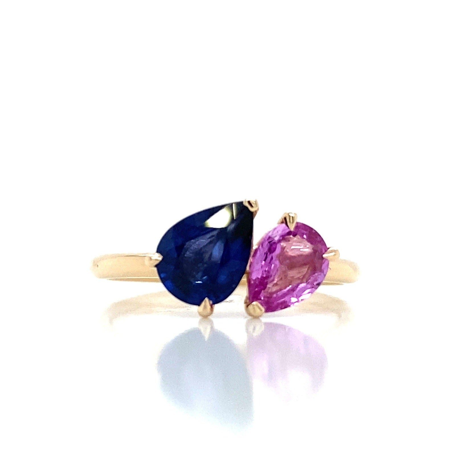 1.99 Total Carat Mismatched Pear Shaped Sapphire Two-Stone Ring in 14K Yellow Gold