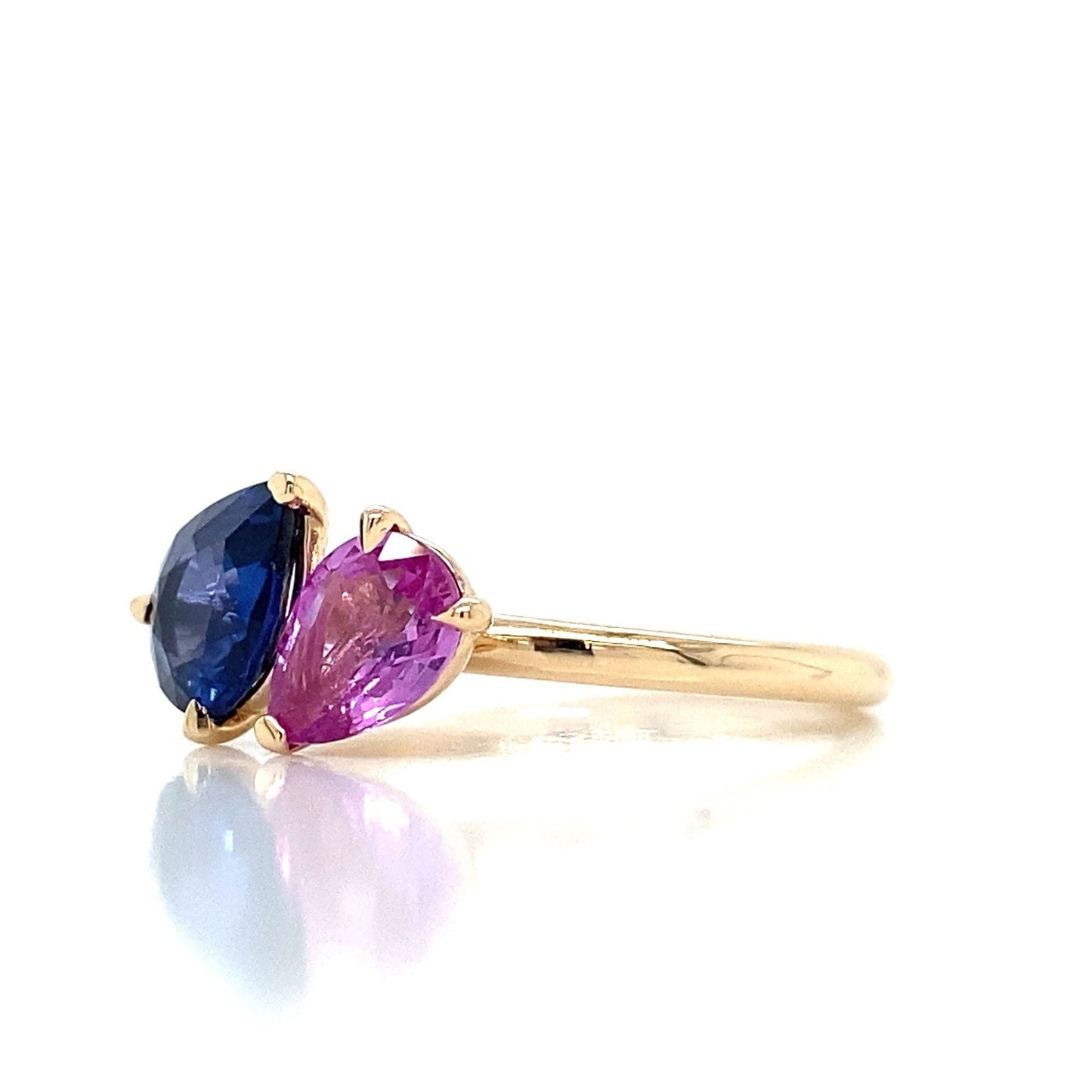 1.99 Total Carat Mismatched Pear Shaped Sapphire Two-Stone Ring in 14K Yellow Gold
