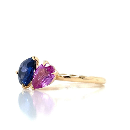1.99 Total Carat Mismatched Pear Shaped Sapphire Two-Stone Ring in 14K Yellow Gold