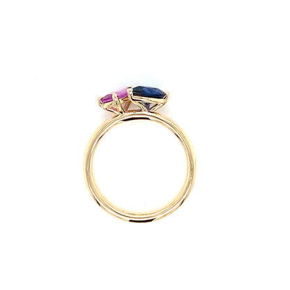 1.99 Total Carat Mismatched Pear Shaped Sapphire Two-Stone Ring in 14K Yellow Gold