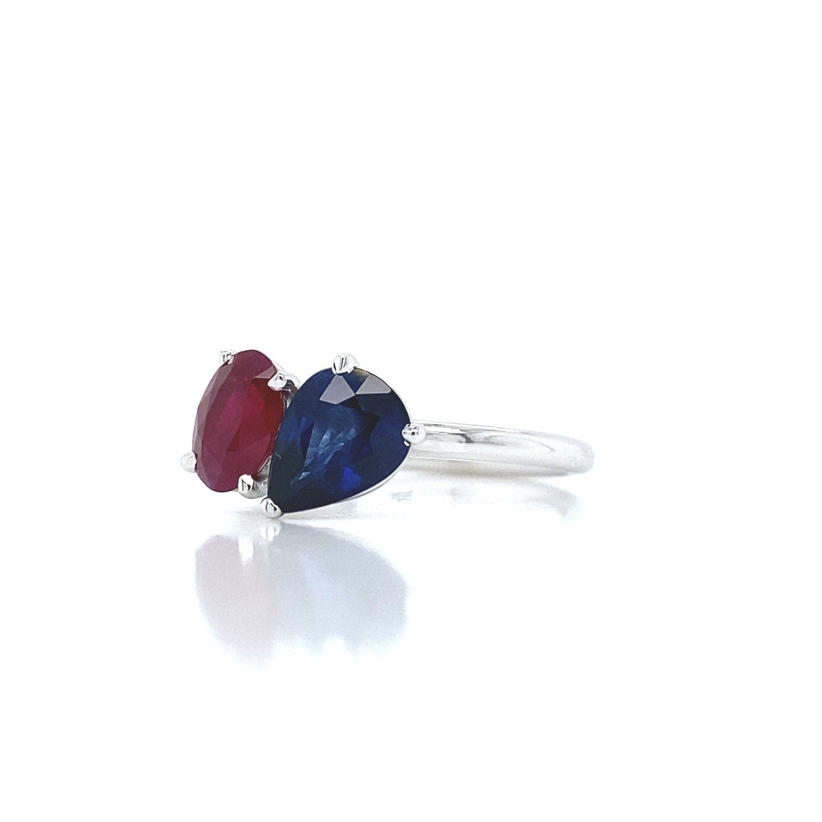 2.18 total Carat Pear Shaped Sapphire and Oval Shaped Ruby Two-Stone Ring in 14K White Gold