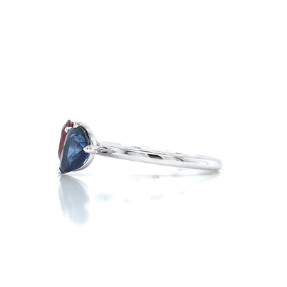 2.18 total Carat Pear Shaped Sapphire and Oval Shaped Ruby Two-Stone Ring in 14K White Gold