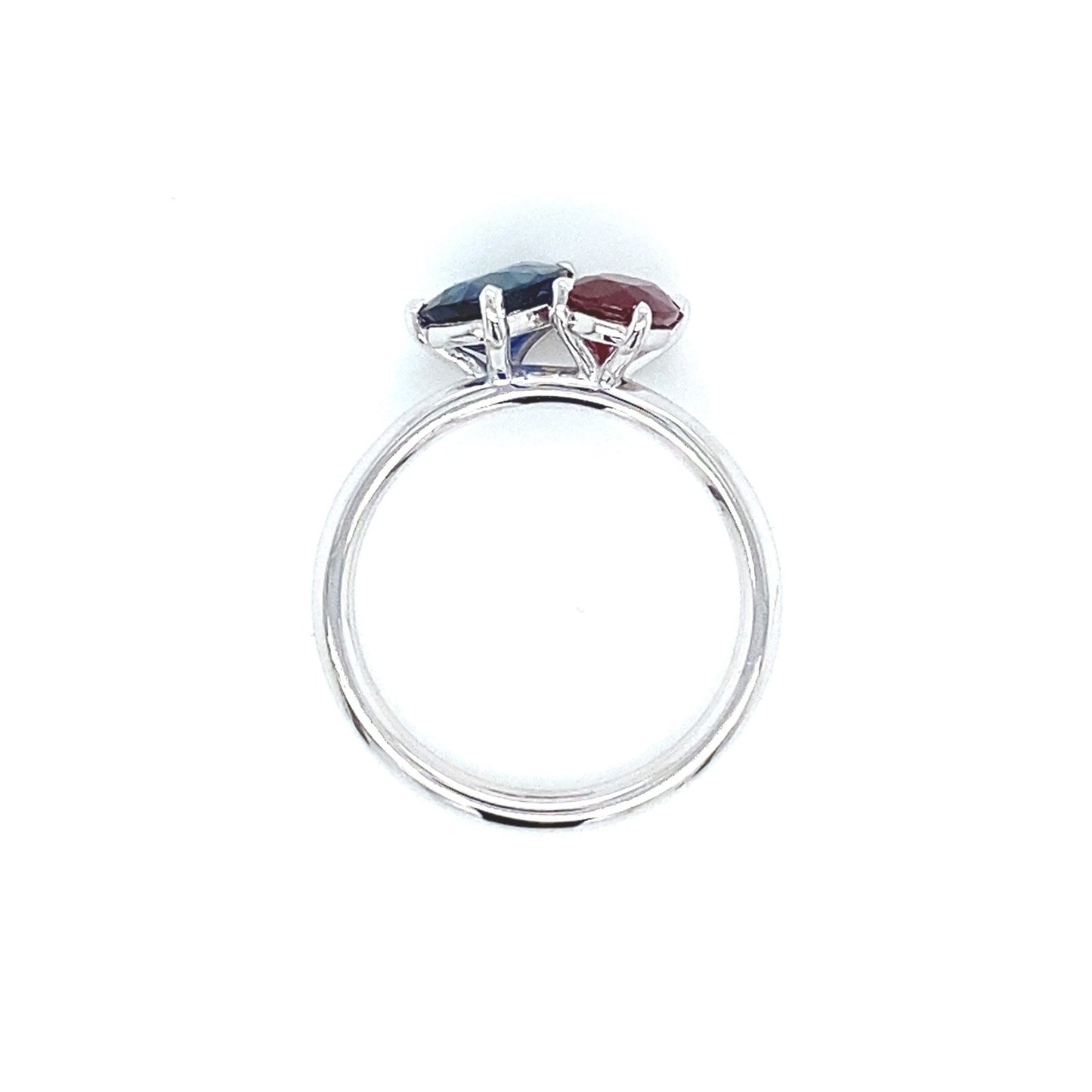2.18 total Carat Pear Shaped Sapphire and Oval Shaped Ruby Two-Stone Ring in 14K White Gold