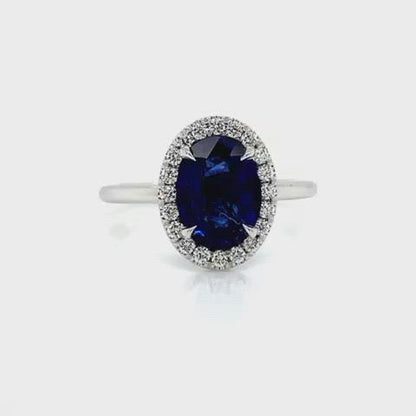 1.88 Total Carat Sapphire Diamond Halo Ladies Ring in 18K White Gold