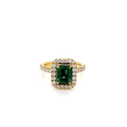2.73 Total Carat Emerald and Diamond Halo Ladies Engagement Ring GIA