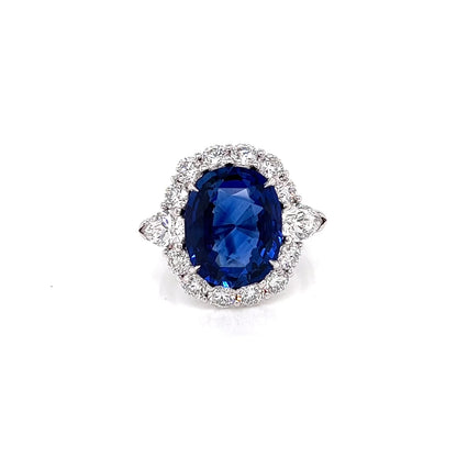12.59 Total Carat Sapphire and Diamond Halo Vintage Style Ladies Engagement Ring. GIA Certified