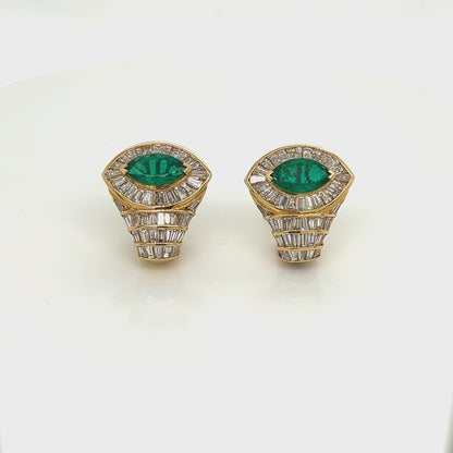 5.10 Total Carat 18K Yellow Gold Diamond & Colombian Marquise Emerald Earrings