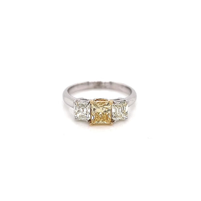 1.94 Total Carat Fancy Yellow Diamond Three Stone Ladies Engagement Ring. GIA Certified.