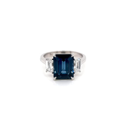 4.65 Total Carat Emerald Cut Sapphire and Diamond Three-Stone Ladies Ring, GIA Certified