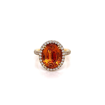 9.28 Total Carat Orange Sapphire and Diamond Halo Ladies Ring. GIA Certified.